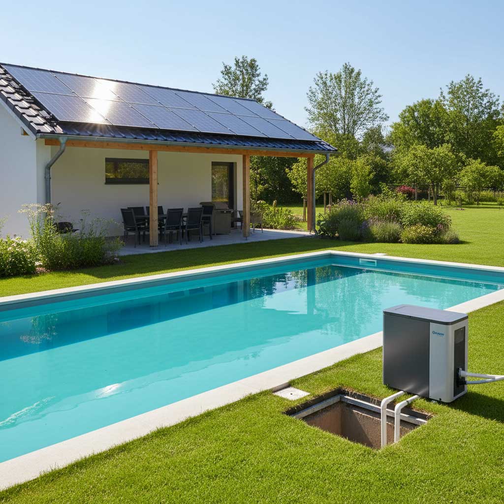 Rechteckiger Pool mit Wärmepumpe neben einem Haus.