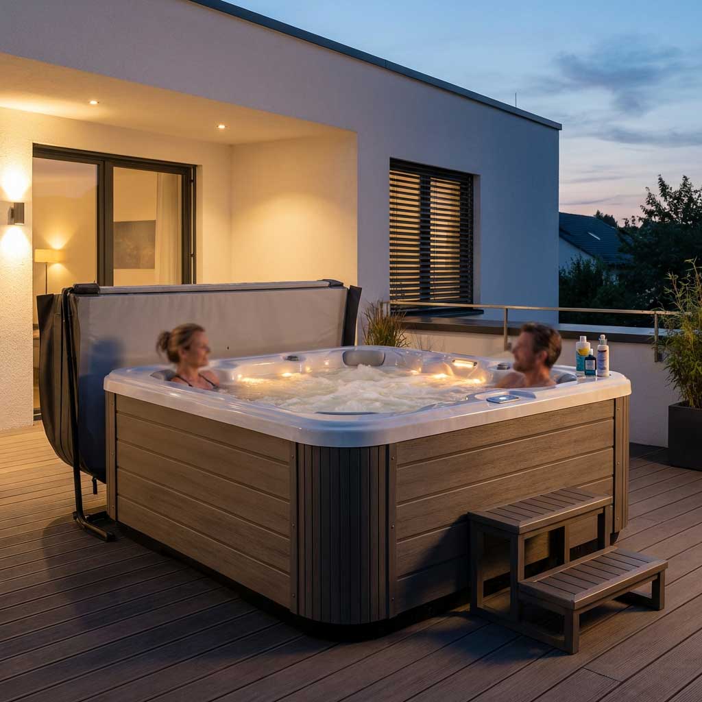 Menschen entspannen sich in einem sprudelnden Whirlpool mit LED-Beleuchtung, einem Deckelheber und Zugangstreppen.